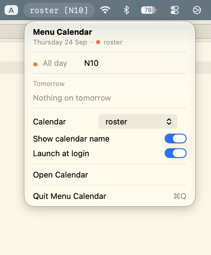 Menu Calendar screenshot